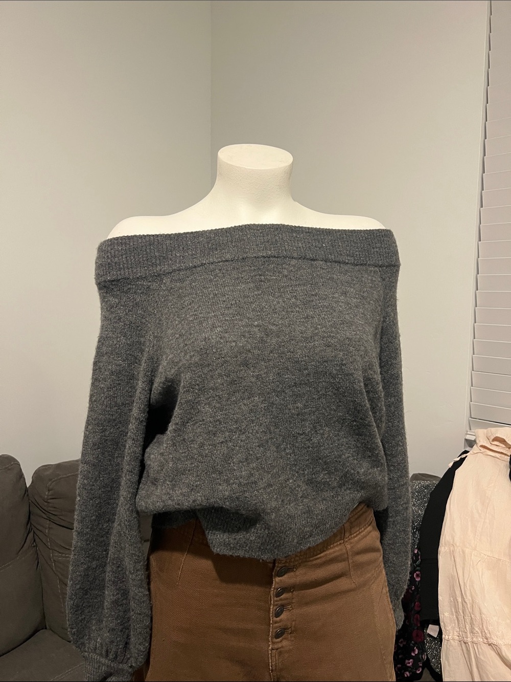 Divided Off-the-Shoulder Knit Sweater in Charcoal Gray